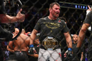 Stipe Miocic celebrating a heavyweight title defense during his record-setting UFC reign.