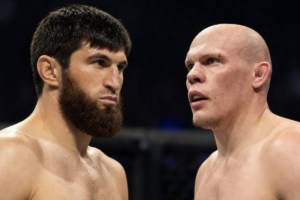 Bogdan Guskov celebrating a finish, now stepping in against Magomed Ankalaev on short notice.