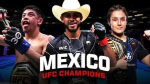 Brandon Moreno, Alexa Grasso, Irene Aldana, and Yair Rodriguez proudly representing Mexico inside the Octagon