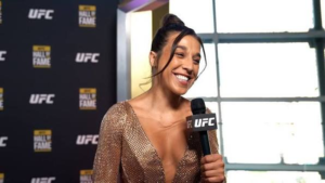 Joanna Jędrzejczyk speaking during the UFC Hall of Fame 2026 ceremony