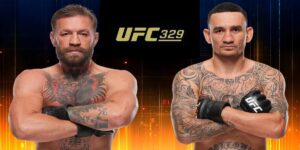 Conor McGregor and Max Holloway facing off during the UFC 329 press conference