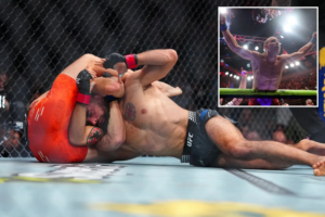 Paddy Pimblett celebrates his fast submission win over Benoit Saint Denis at UFC 329.