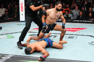 Benoit Saint Denis lies unconscious on the canvas seconds after tapping to Paddy Pimblett's D'Arce choke.