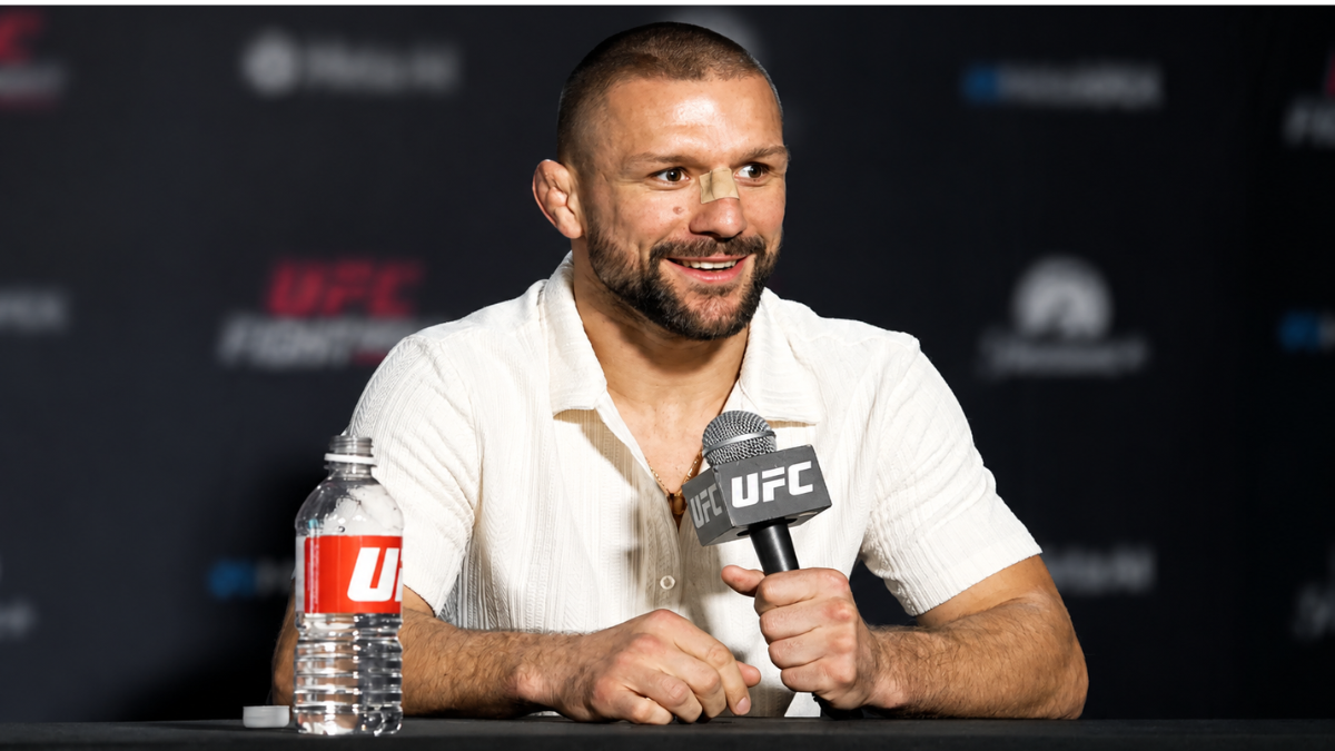 Mateusz Gamrot speaking at the UFC Vegas 120 press conference in Las Vegas