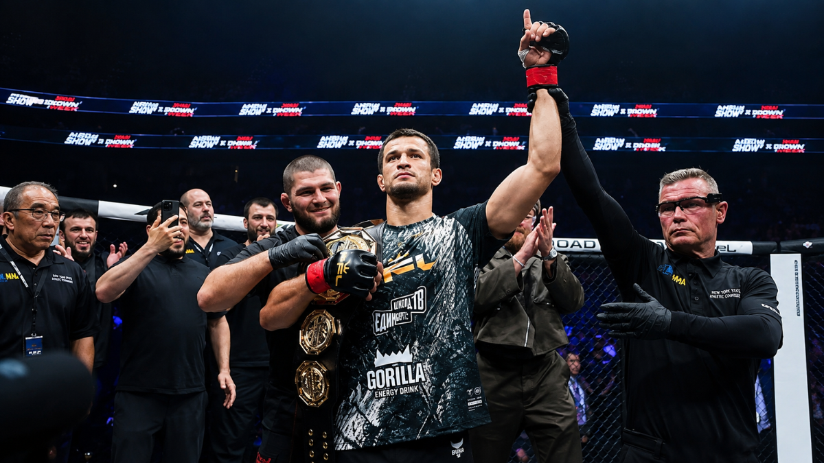 Usman Nurmagomedov celebrates his knockout win over Archie Colgan at PFL New York.