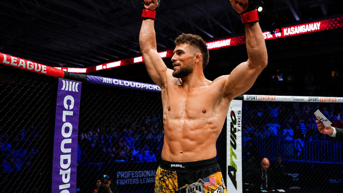 Josh Fremd celebrates his TKO win at PFL Charlotte