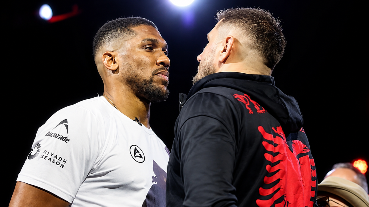 Kristian Prenga faces Anthony Joshua during their heavyweight bout in Jeddah, Saudi Arabia.