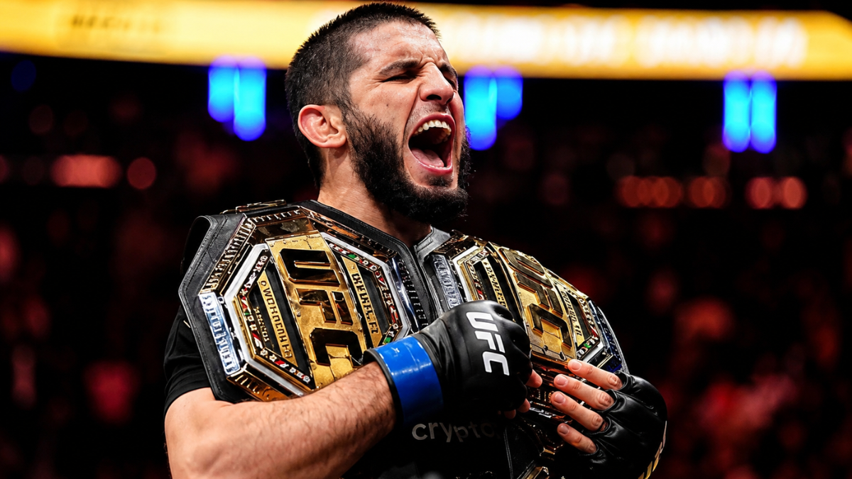 Islam Makhachev celebrating his UFC welterweight title win