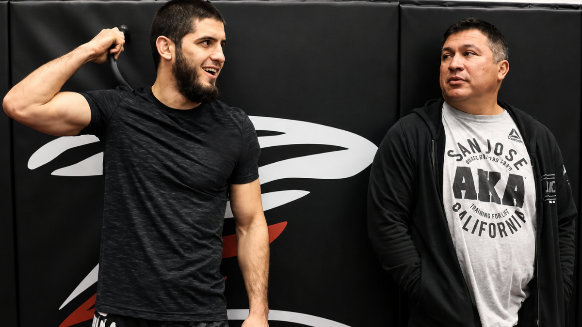Islam Makhachev training with coach Javier Mendez at AKA