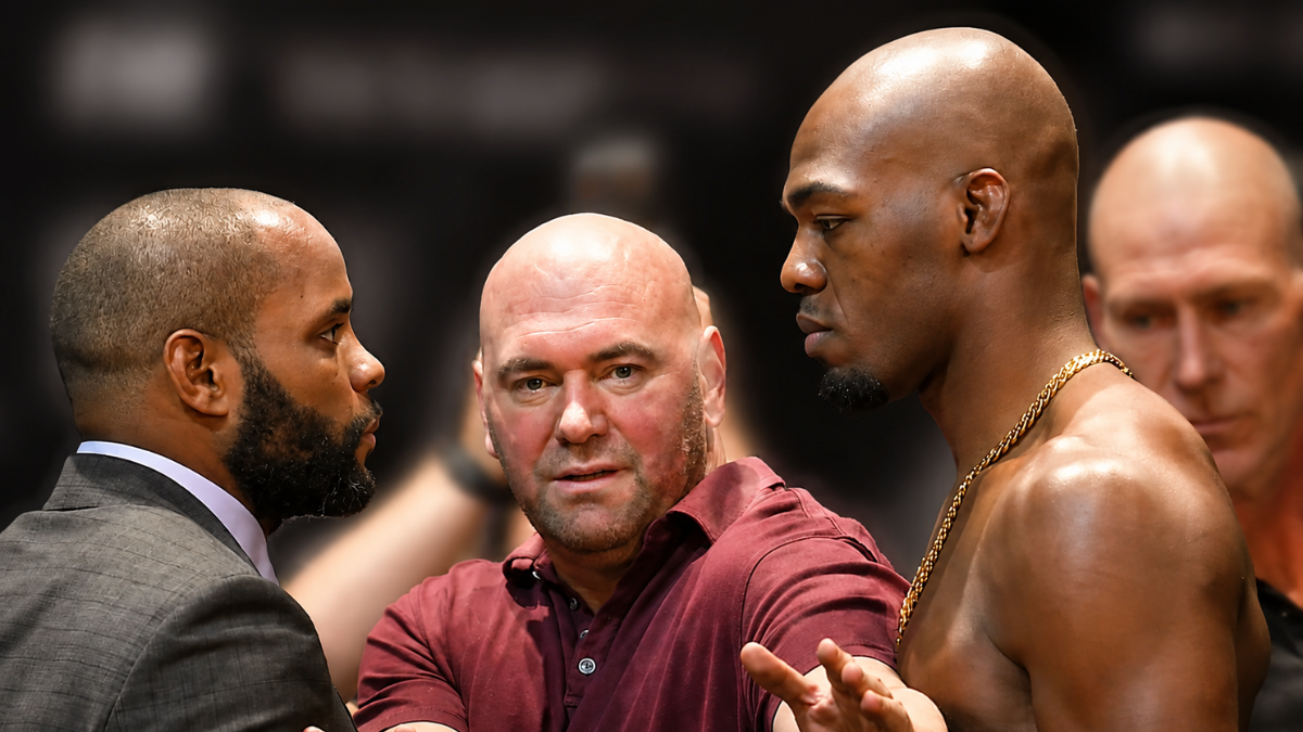 Jon Jones and Daniel Cormier face off before a UFC press conference